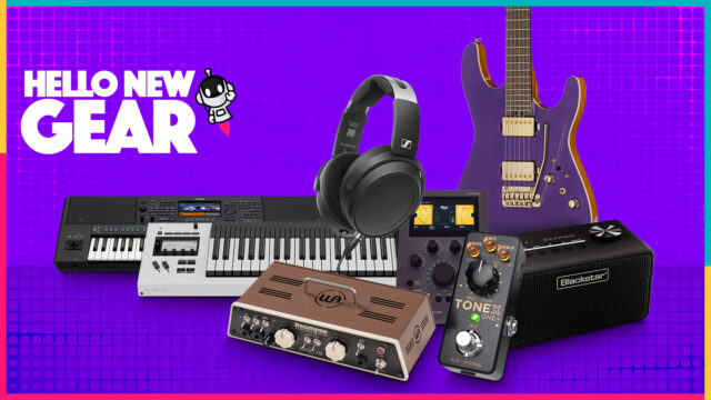 Collage of new music gear for May 2026 featuring electric guitar, studio headphones, keyboard workstation, guitar pedal, mini amp, audio controller and reamper on a purple background