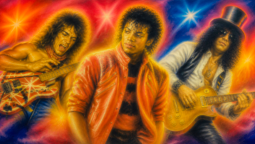 Illustration of Michael Jackson alongside legendary guitarists Eddie Van Halen and Slash representing iconic music collaborations.