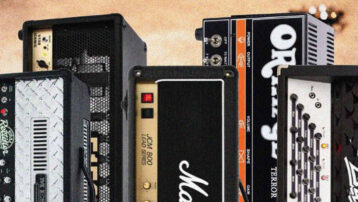 Collage of iconic metal guitar amplifiers including Marshall, Orange, Peavey and Mesa-style amp heads