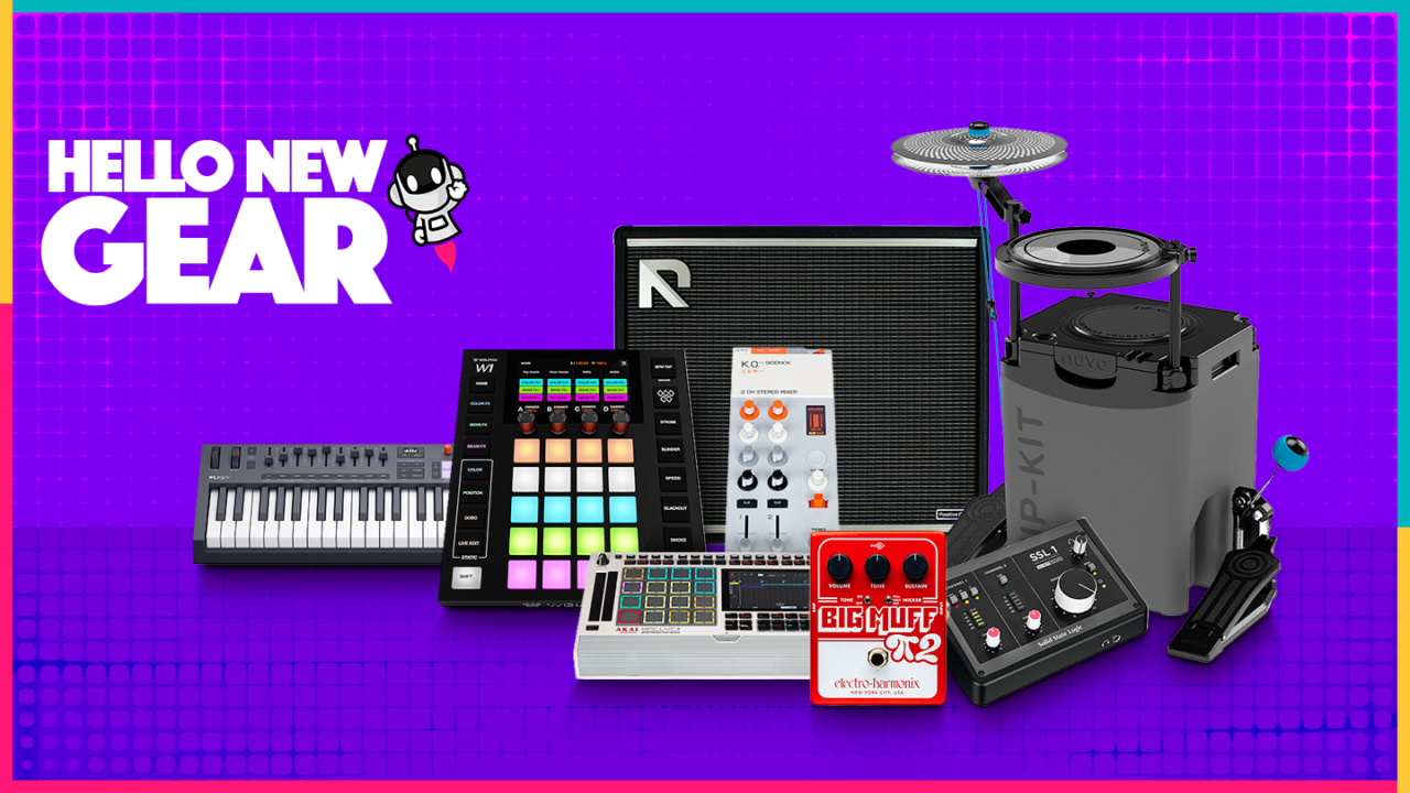 New music gear releases for June 2026 including drum kit, MIDI keyboard, audio interface, mixer, amplifier, MPC sampler, fuzz pedal, and DMX controller.