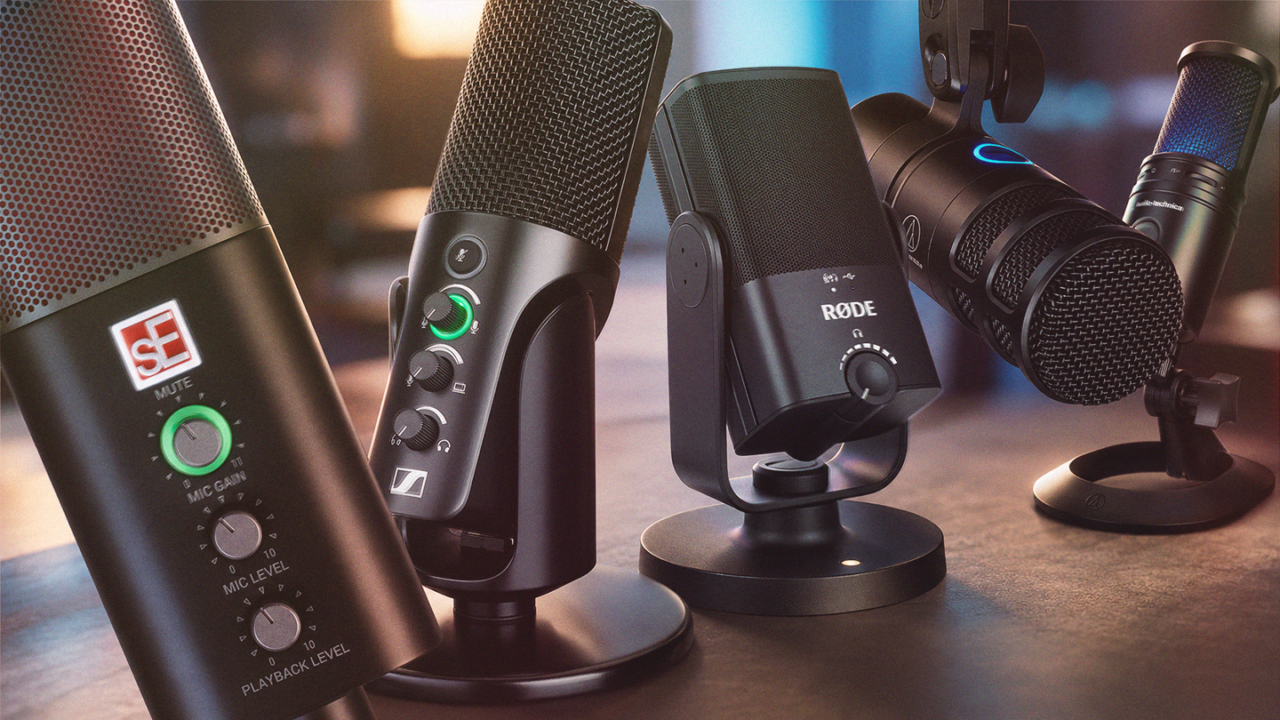A selection of beginner USB microphones including Rode, Sennheiser, Audio-Technica and sE Electronics models for podcasting, streaming, gaming and home recording.