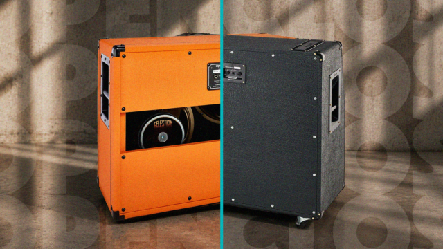 Side-by-side comparison of a closed-back and open-back guitar speaker cabinet showing the rear construction differences and cabinet design.