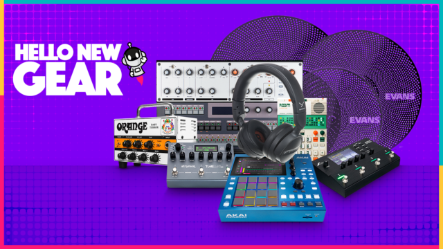 New music gear including the AKAI MPC One G2, Fractal Audio AM4, beyerdynamic headphones, Evans cymbals and guitar effects.