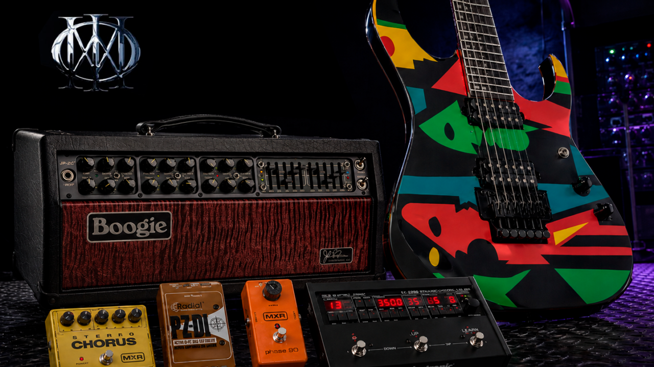Sound of Dream Theater guitar rig with Mesa/Boogie amp, electric guitar and effects pedals.