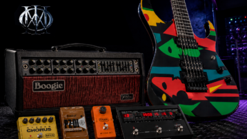Sound of Dream Theater guitar rig with Mesa/Boogie amp, electric guitar and effects pedals.