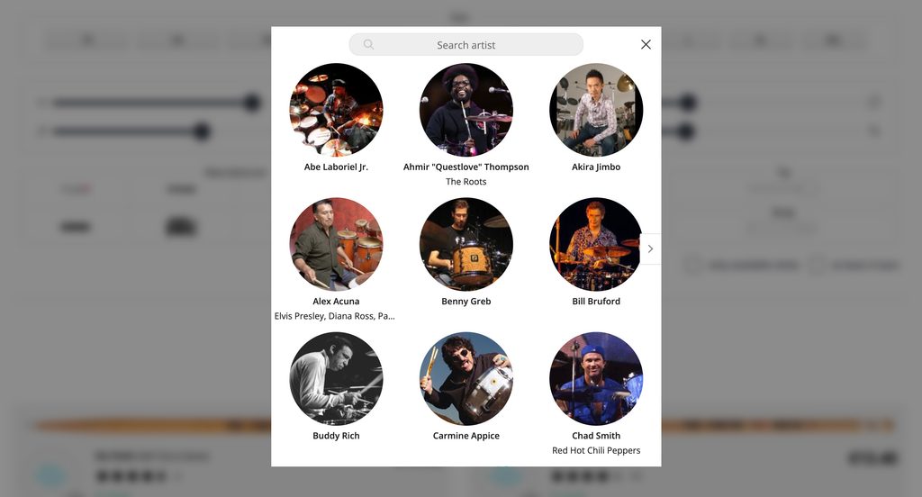 Thomann Woodpicker artist selection for finding signature drumsticks used by different drummers.