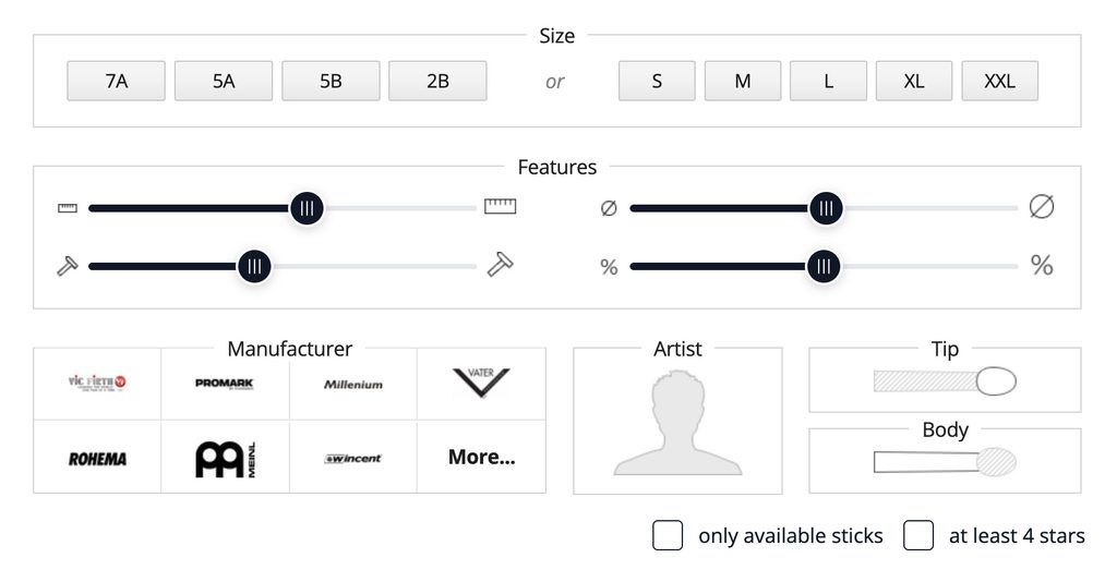 Thomann Woodpicker filters for choosing drumsticks by size, features, manufacturer, artist, tip and body.